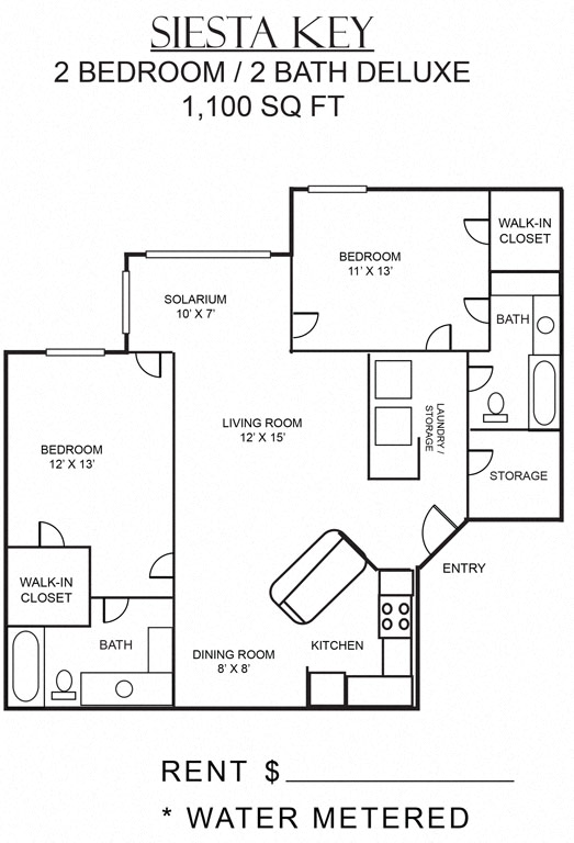 Floor plan for 2 beds, 2 baths, 1100 sqft